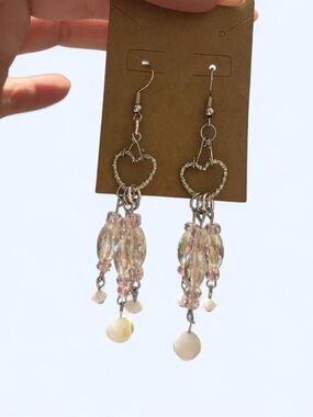 Pink Iridescent Heart Drop Earrings with Bead Tassels